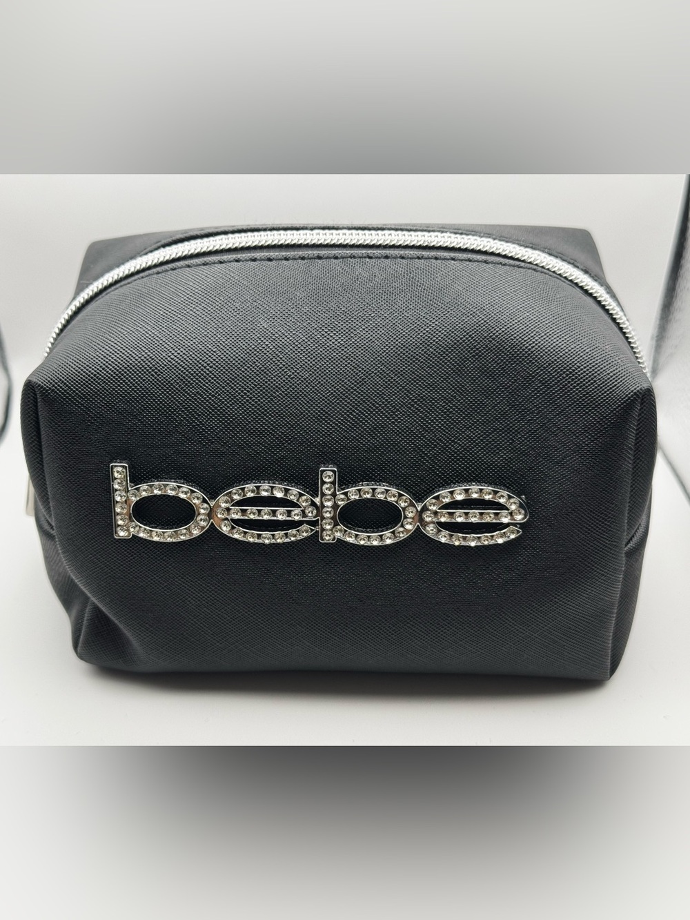 bebe Black Faux Leather Cosmetic Pouch with Crystal Logo